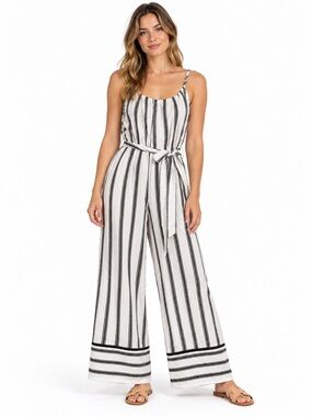 Dotti Black White Striped Cotton Wide-Leg Jumpsuit Tie Waist Coastal Size M